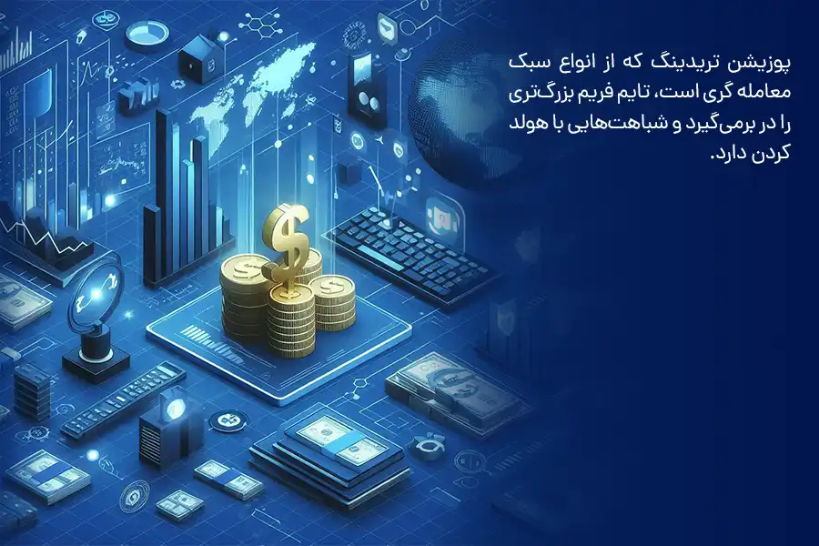 پوزیشن تریدینگ که از انواع سبک معامله گری است، تایم فریم بزرگ‌تری را در برمی‌گیرد و شباهت‌هایی با هولد کردن دارد.