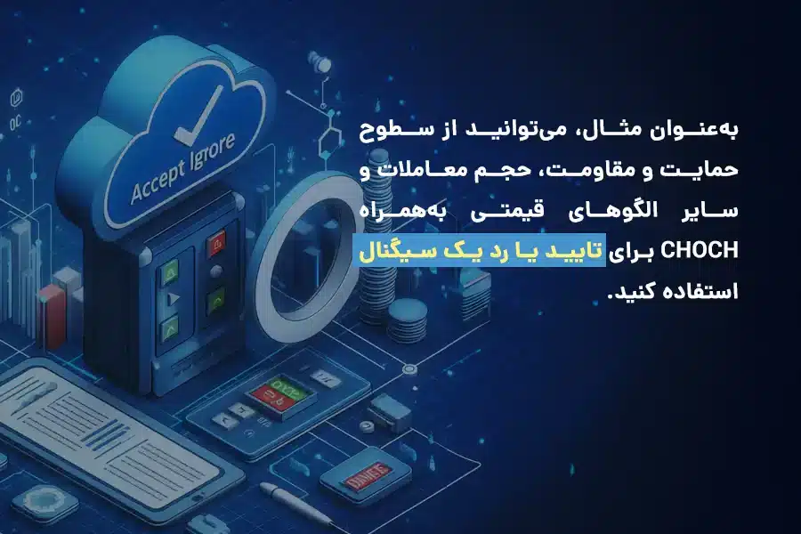 از سطوح حمایت و مقاومت، حجم معاملات و سایر الگوهای قیمتی به‌همراه CHOCH می‌توانید برای تایید یا رد یک سیگنال استفاده کنید.