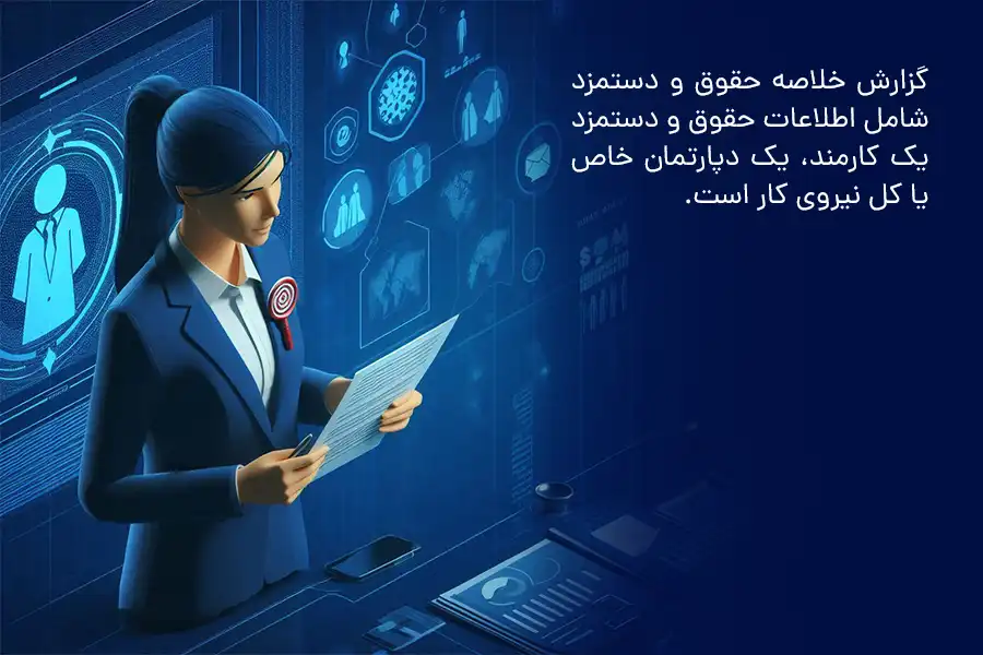 گزارش خلاصه حقوق و دستمزد شامل اطلاعات حقوق و دستمزد یک کارمند، یک دپارتمان خاص یا کل نیروی کار است.