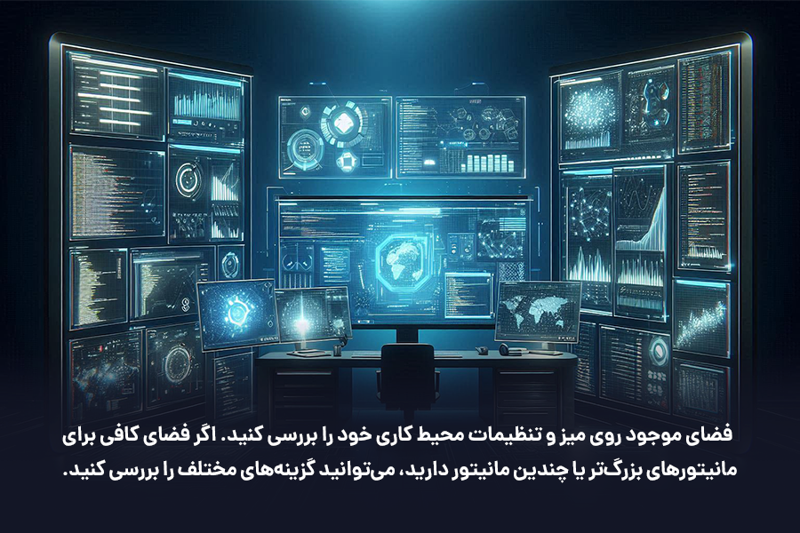 زمان انتخاب مانیتور خمیده یا تخت برای ترید، فضای موجود روی میز و تنظیمات محیط کاری خود را بررسی کنید. 
